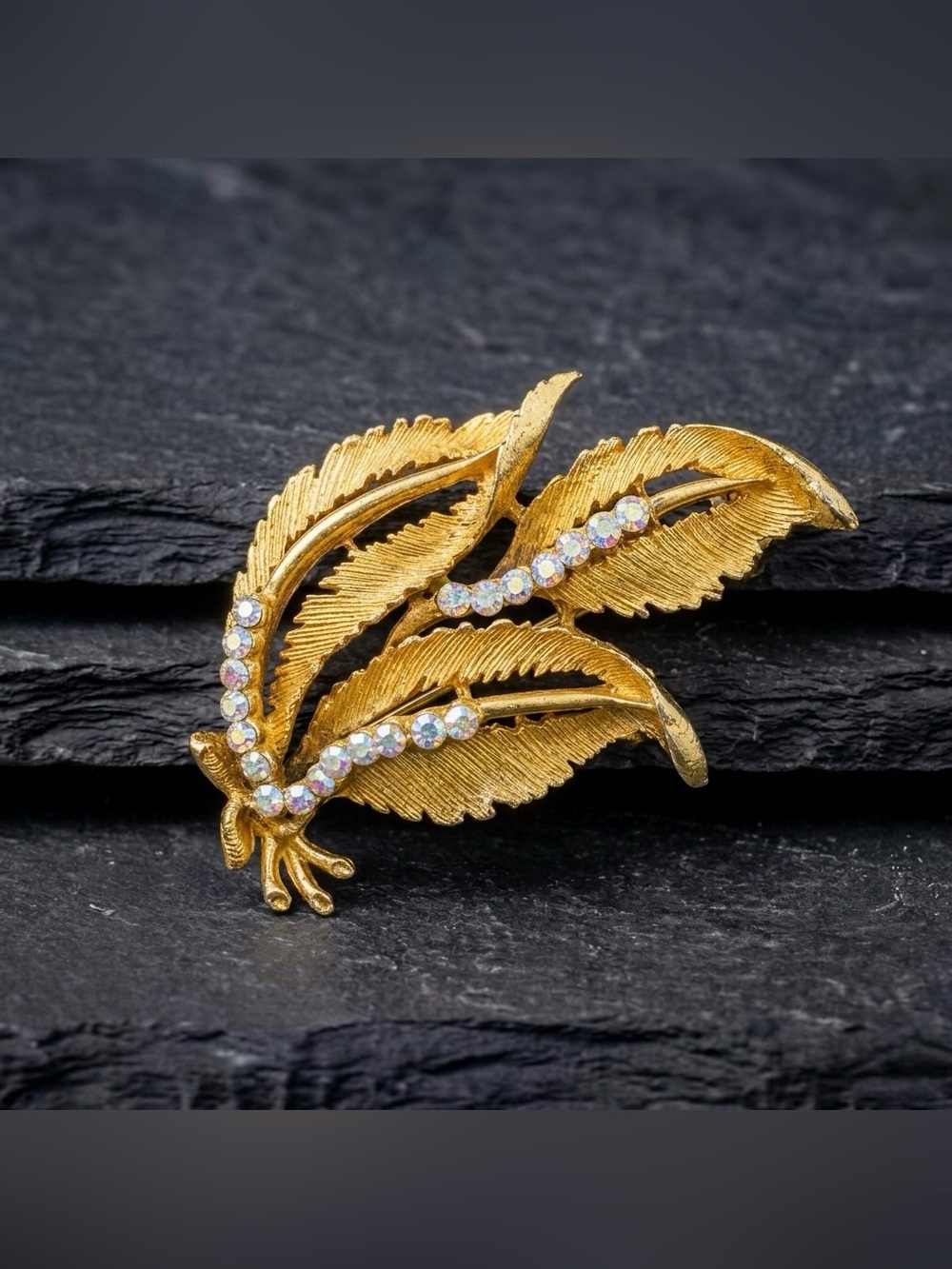 Vintage 50s Leaf Aurora Borealis Rhinestone Retro Gold Tone Spray Cutout Brooch
